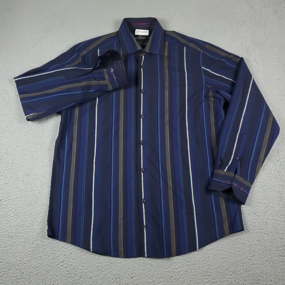 Bugatchi Uomo Shirt Mens Large Blue Striped Casual Button Up Long Sleeve - Picture 2 of 6